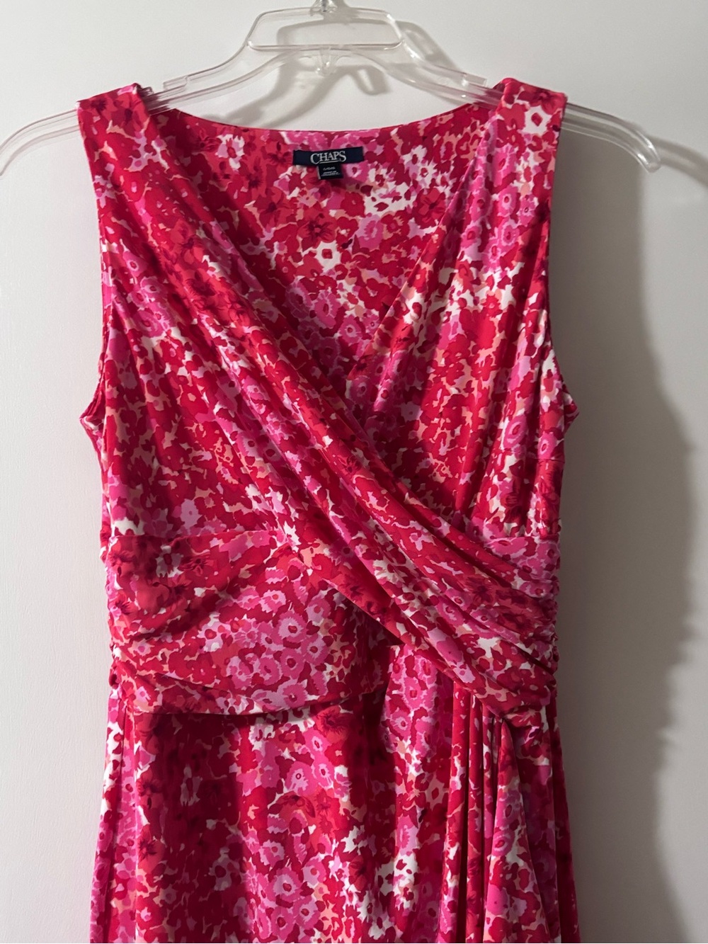 Chaps Red Pink Floral Faux Wrap V-Neck Sleeveless Ruffle Dress Size L - Picture 4 of 7